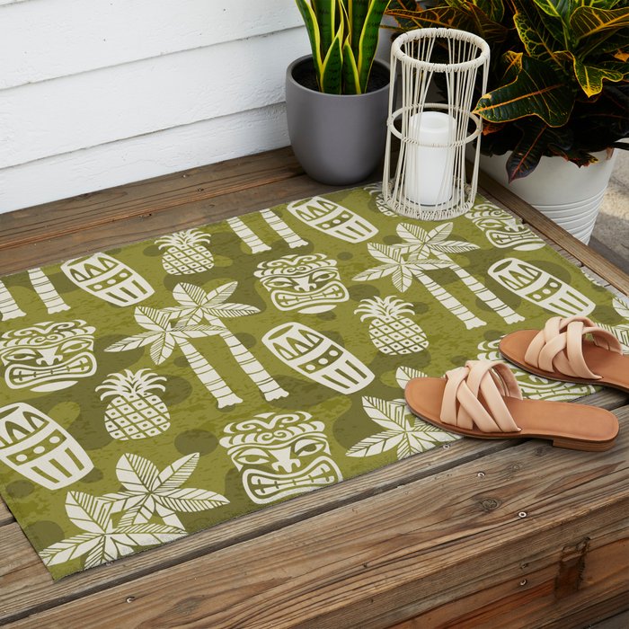 Retro Mid Century Modern Tiki Pattern 523 Olive Green Outdoor Rug Gallery Image 2