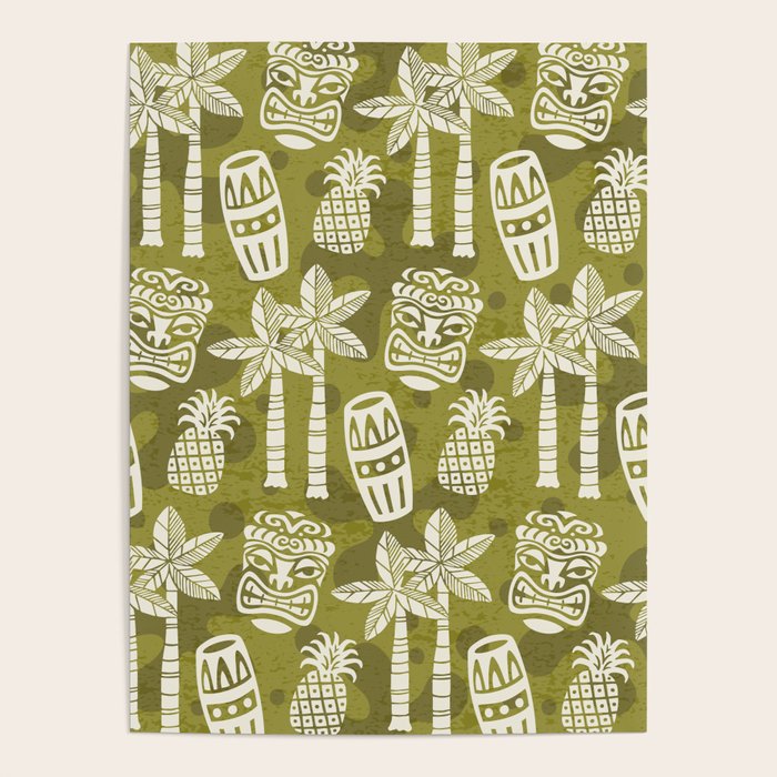 Retro Mid Century Modern Tiki Pattern 523 Olive Green Poster Gallery Image 4