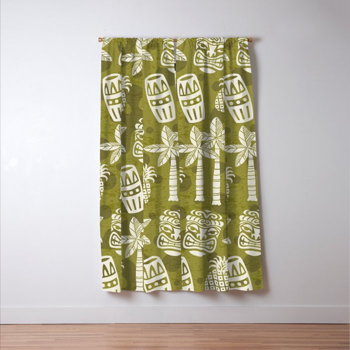 Retro Mid Century Modern Tiki Pattern 523 Olive Green Window Curtain Gallery Image 3