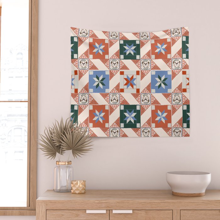 Vintage Quilt Block Pattern Wall Tapestry Gallery Image 2
