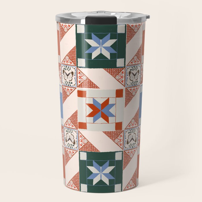 Vintage Quilt Block Pattern Travel Mug Gallery Image 1