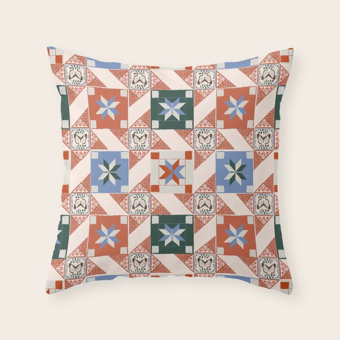 Vintage Quilt Block Pattern Throw Pillow Gallery Image 1