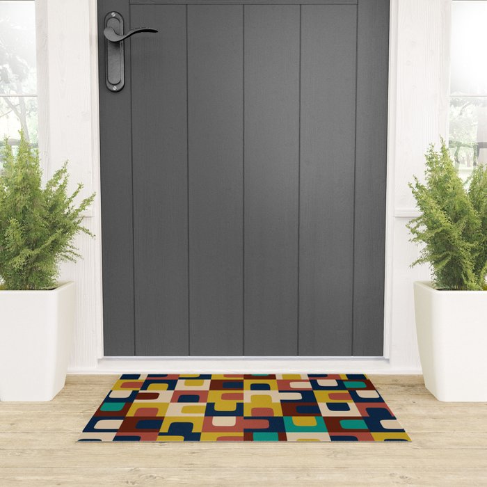 Mid Century Modern Concordance Blue Rust Mustard Geometric Pattern Welcome Mat Gallery Image 3