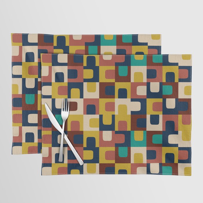 Mid Century Modern Concordance Blue Rust Mustard Geometric Pattern Placemat Gallery Image 1