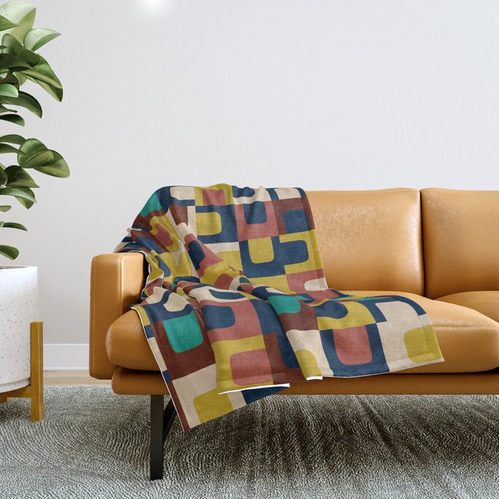Mid Century Modern Concordance Blue Rust Mustard Geometric Pattern Throw Blanket Gallery Image 1