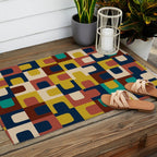 Mid Century Modern Concordance Blue Rust Mustard Geometric Pattern Outdoor Rug Gallery Image 2