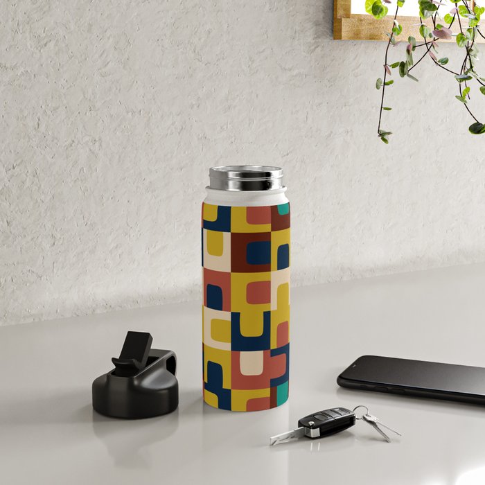Mid Century Modern Concordance Blue Rust Mustard Geometric Pattern Water Bottle Gallery Image 4
