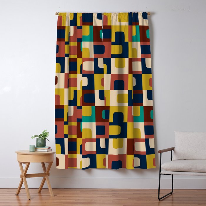 Mid Century Modern Concordance Blue Rust Mustard Geometric Pattern Window Curtain Gallery Image 5