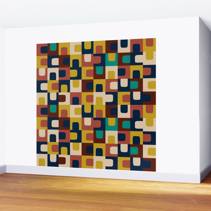 Mid Century Modern Concordance Blue Rust Mustard Geometric Pattern Wall Mural Gallery Image 2