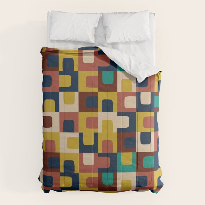 Mid Century Modern Concordance Blue Rust Mustard Geometric Pattern Comforter Gallery Image 6