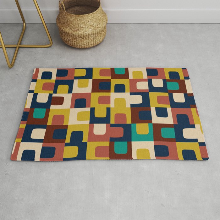 Mid Century Modern Concordance Blue Rust Mustard Geometric Pattern Rug Gallery Image 1