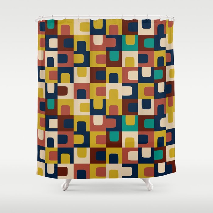 Mid Century Modern Concordance Blue Rust Mustard Geometric Pattern Shower Curtain Gallery Image 1