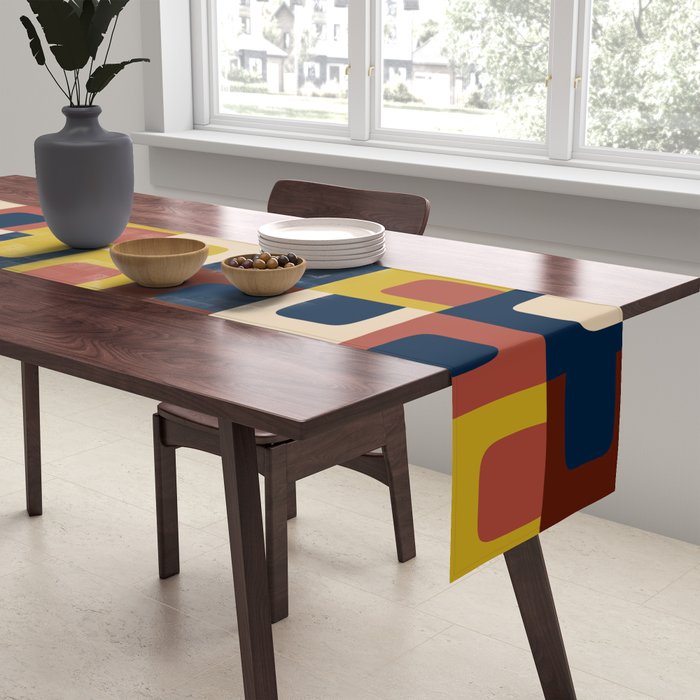 Mid Century Modern Concordance Blue Rust Mustard Geometric Pattern Table Runner Gallery Image 2