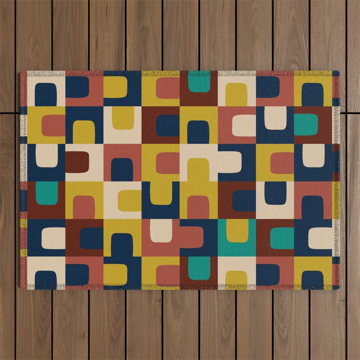 Mid Century Modern Concordance Blue Rust Mustard Geometric Pattern Outdoor Rug Gallery Image 1