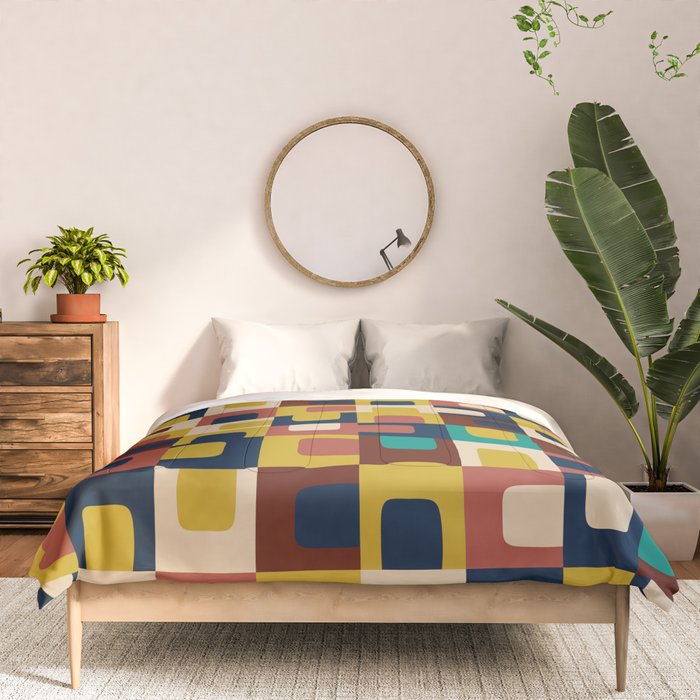 Mid Century Modern Concordance Blue Rust Mustard Geometric Pattern Comforter Gallery Image 3