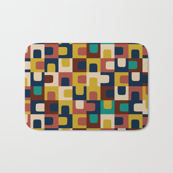 Mid Century Modern Concordance Blue Rust Mustard Geometric Pattern Bath Mat Gallery Image 1