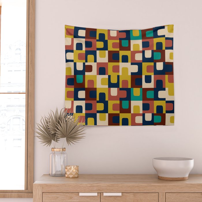 Mid Century Modern Concordance Blue Rust Mustard Geometric Pattern Wall Tapestry Gallery Image 2