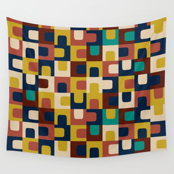 Mid Century Modern Concordance Blue Rust Mustard Geometric Pattern Wall Tapestry Gallery Image 4