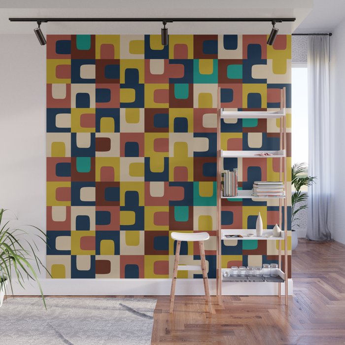 Mid Century Modern Concordance Blue Rust Mustard Geometric Pattern Wall Mural Gallery Image 1
