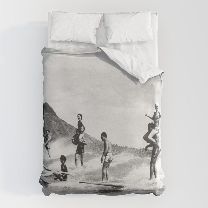 Vintage Hawaii Tandem Surfing Duvet Cover Gallery Image 1