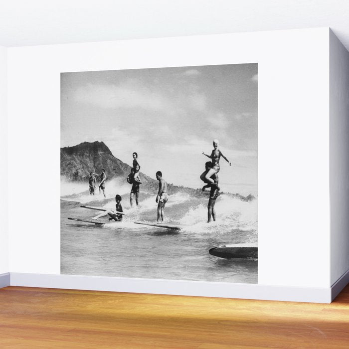 Vintage Hawaii Tandem Surfing Wall Mural Gallery Image 2