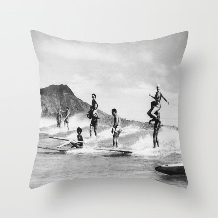 Vintage Hawaii Tandem Surfing Throw Pillow Gallery Image 1