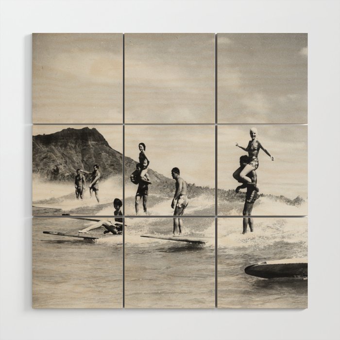 Vintage Hawaii Tandem Surfing Wood Wall Art Gallery Image 1