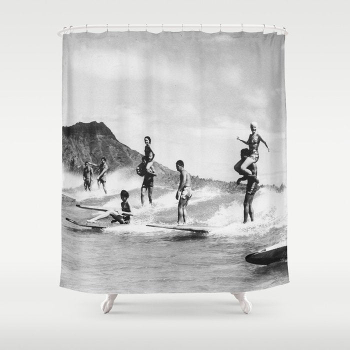 Vintage Hawaii Tandem Surfing Shower Curtain Gallery Image 1