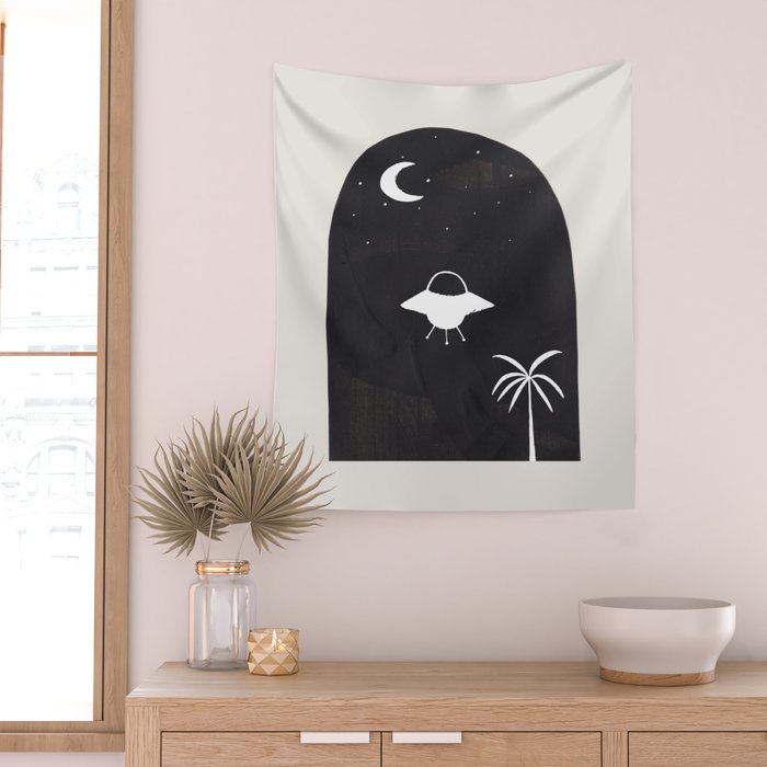 Ancient Alien Visitor Black White Minimalist Line Drawing Paper Collage by Ejaaz Haniff Wall Tapestry Gallery Image 2