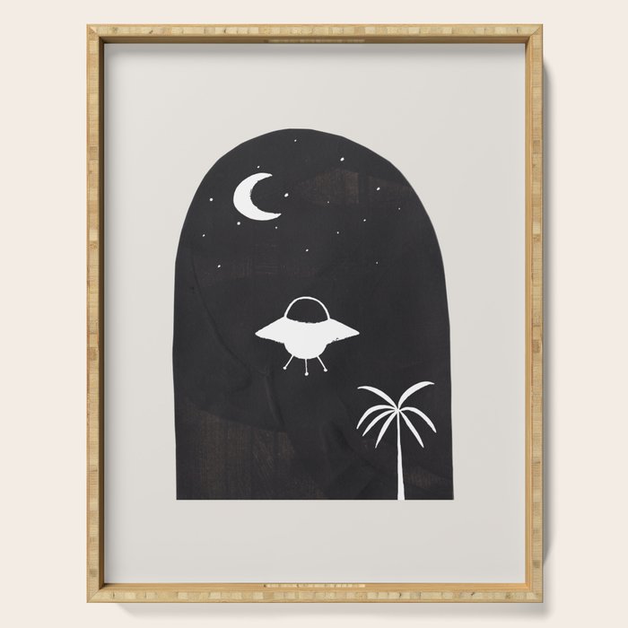 Ancient Alien Visitor Black White Minimalist Line Drawing Paper Collage by Ejaaz Haniff Serving Tray Gallery Image 1