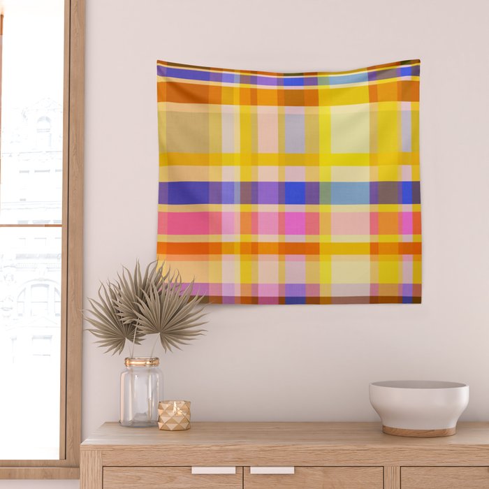 Colorful Retro Plaid Abstract Pattern - Yellow Wall Tapestry Gallery Image 2