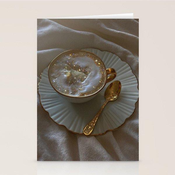 CAPPUCCINO FOR ANYONE? | coffee | morning | aesthetic | Parisian | gold | beige | collage | glitter  Stationery Card Gallery Image 1
