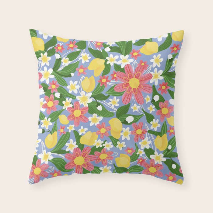 Lemons and Flowers on Blue Throw Pillow Gallery Image 6
