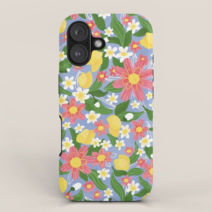 Lemons and Flowers on Blue iPhone Case Gallery Image 1