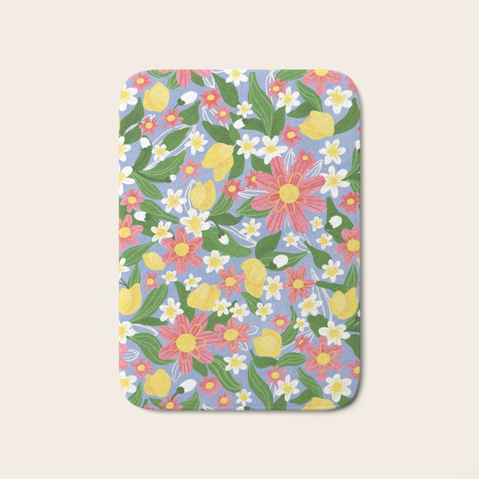 Lemons and Flowers on Blue Bath Mat Gallery Image 1