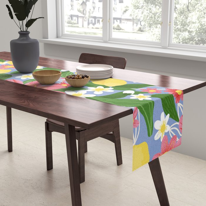 Lemons and Flowers on Blue Table Runner Gallery Image 2