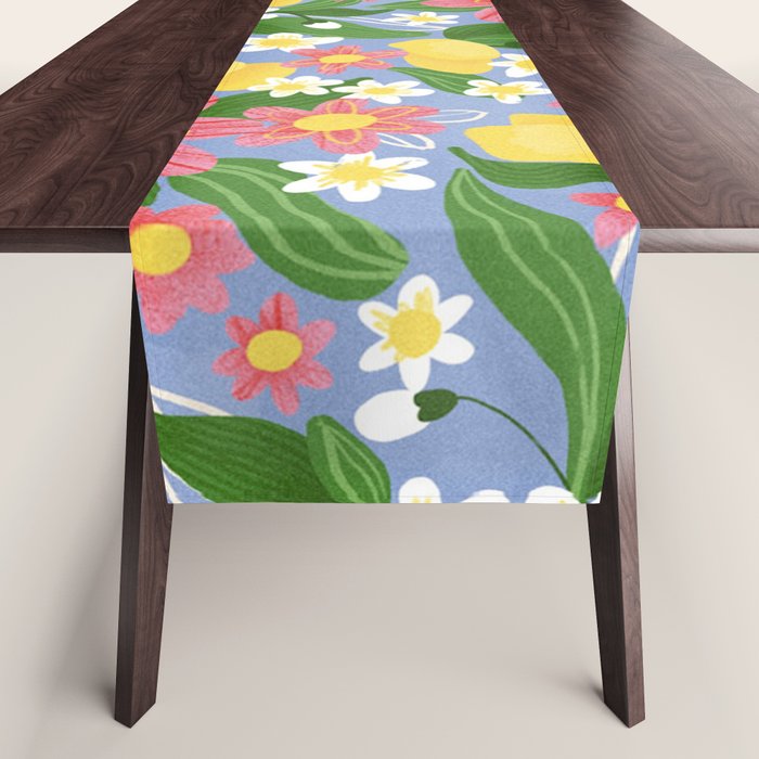 Lemons and Flowers on Blue Table Runner Gallery Image 1