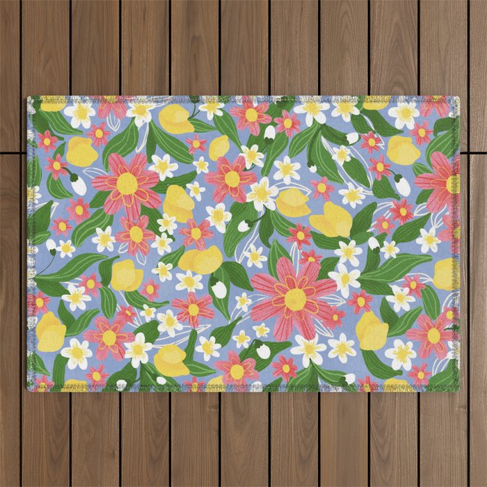 Lemons and Flowers on Blue Outdoor Rug Gallery Image 1