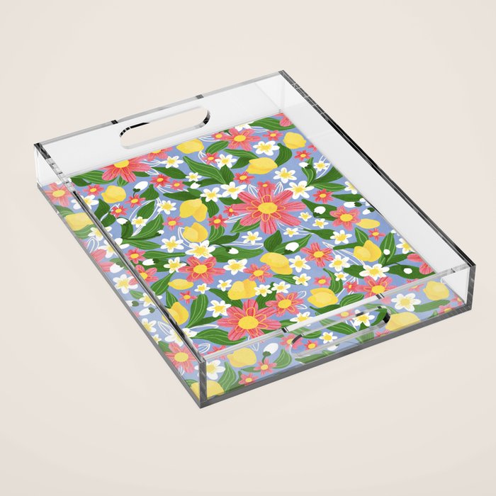 Lemons and Flowers on Blue Acrylic Tray Gallery Image 1