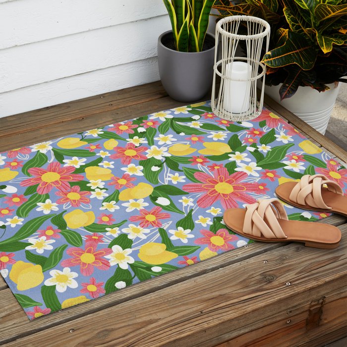 Lemons and Flowers on Blue Outdoor Rug Gallery Image 2