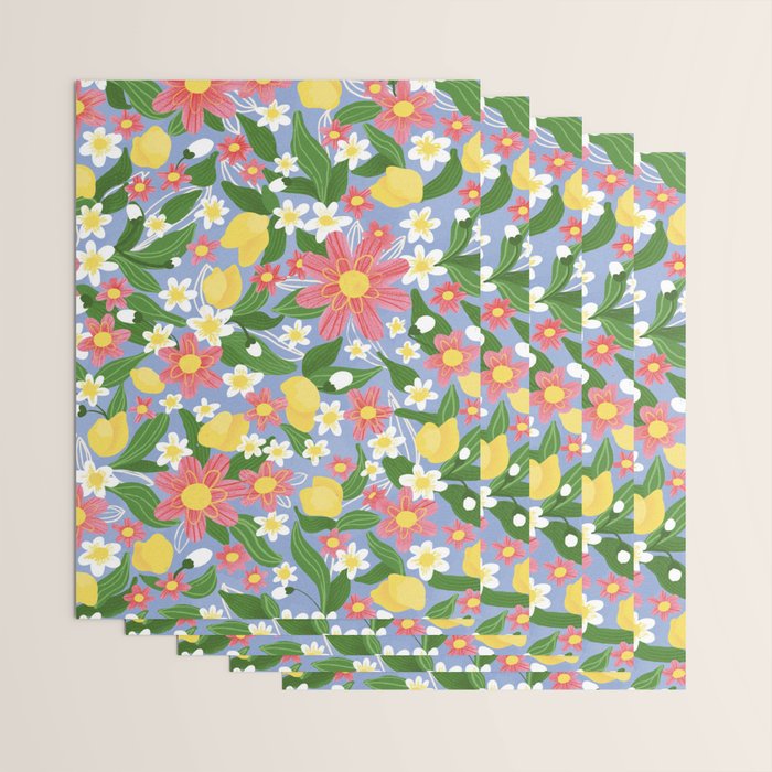 Lemons and Flowers on Blue Wrapping Paper Gallery Image 3