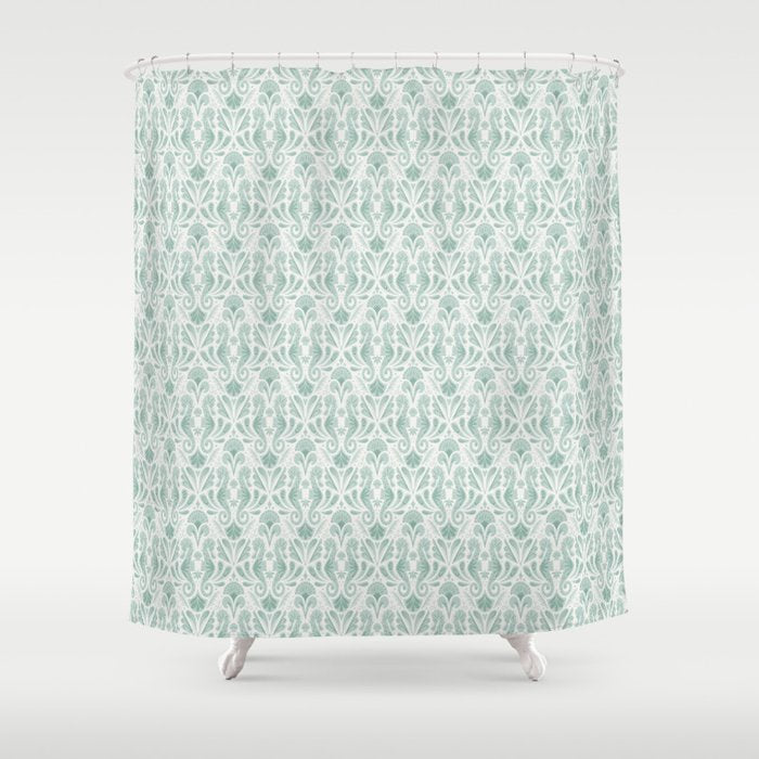 Seahorse Damask . Soft Aqua Shower Curtain Gallery Image 1
