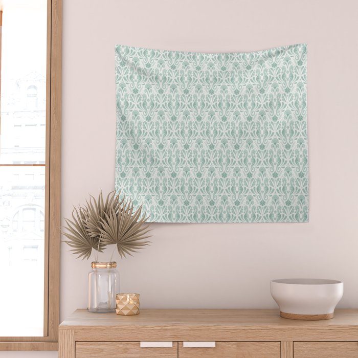 Seahorse Damask . Soft Aqua Wall Tapestry Gallery Image 2