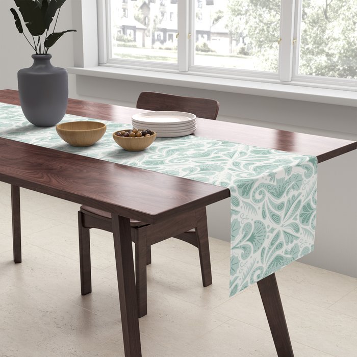 Seahorse Damask . Soft Aqua Table Runner Gallery Image 2