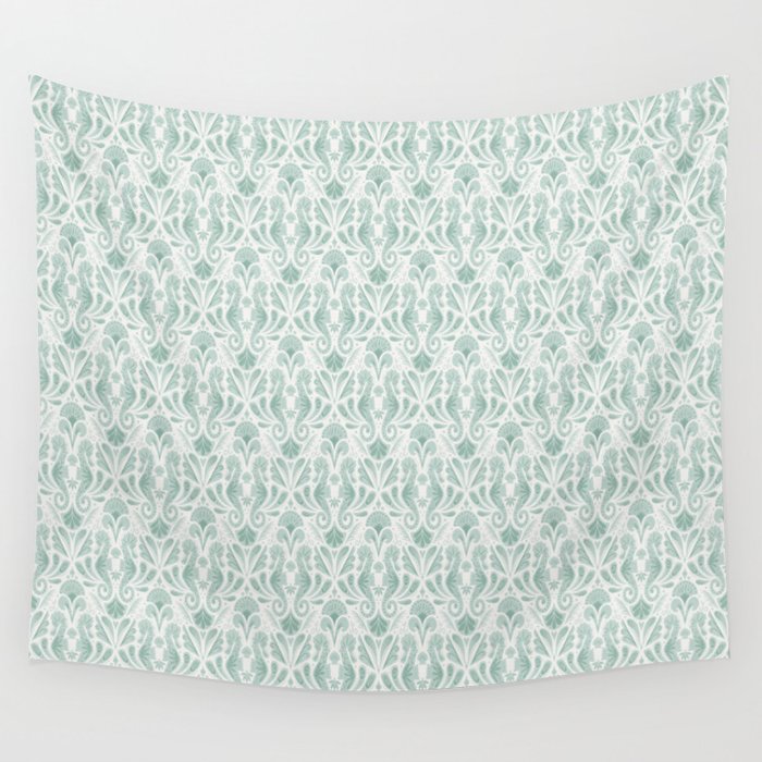 Seahorse Damask . Soft Aqua Wall Tapestry Gallery Image 4