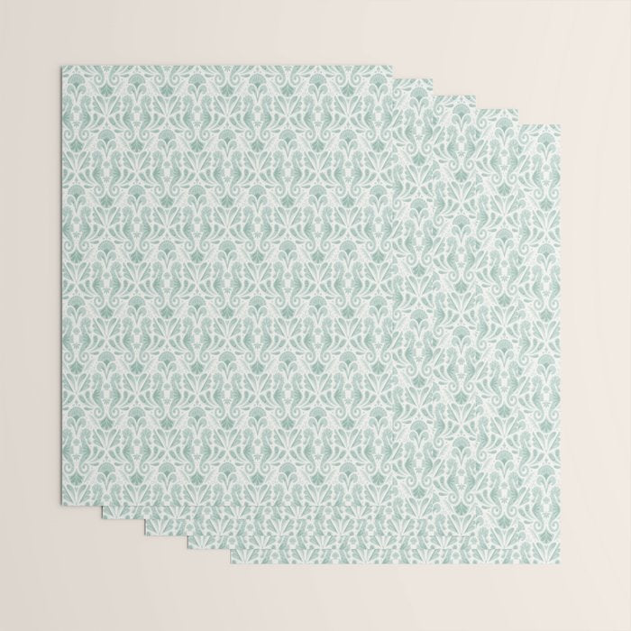 Seahorse Damask . Soft Aqua Wrapping Paper Gallery Image 3