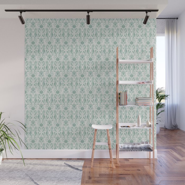 Seahorse Damask . Soft Aqua Wall Mural Gallery Image 1