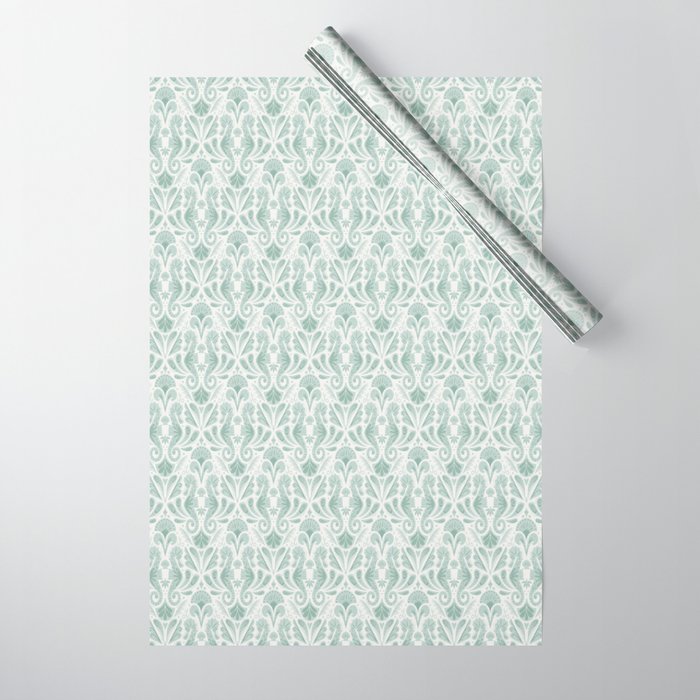 Seahorse Damask . Soft Aqua Wrapping Paper Gallery Image 1