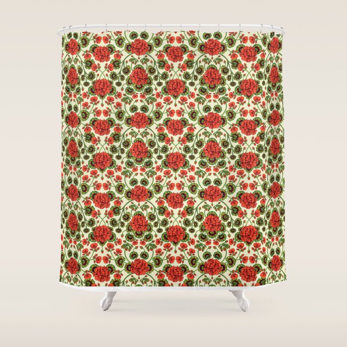 Red Geraniums -  Vintage-Inspired Floral Pattern For Spring Shower Curtain Gallery Image 1