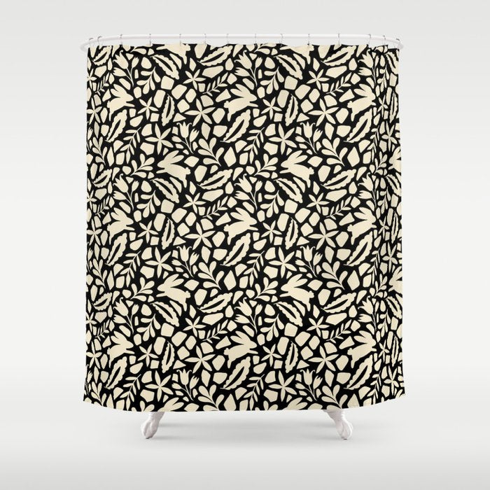 Folk Art Bunnies - black and cream Shower Curtain Gallery Image 1